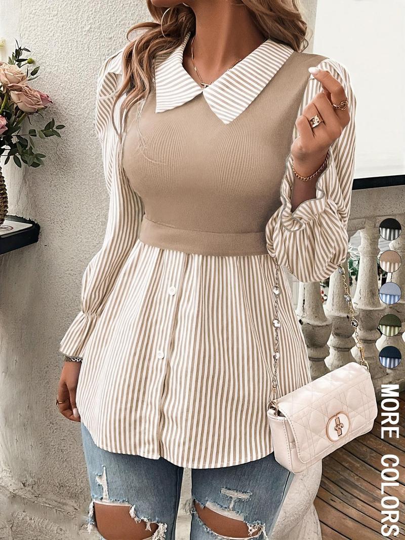Women's Striped Print Button Front Blouse, Elegant Long Sleeve Collared Top for Spring & Fall, Ladies Clothes for Daily Wear, Button Down Blouse
