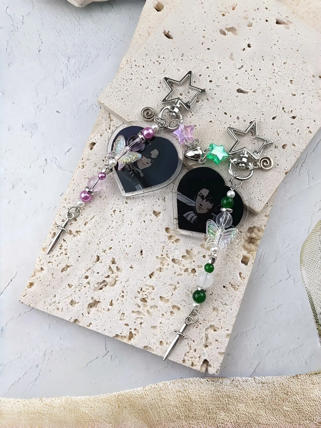 Y2K Dark Style Giant Anime Keychain, Heart Bead Chain, Acrylic Pendant, Butterfly, Metal Sword Charms, /, Lobster Clasp