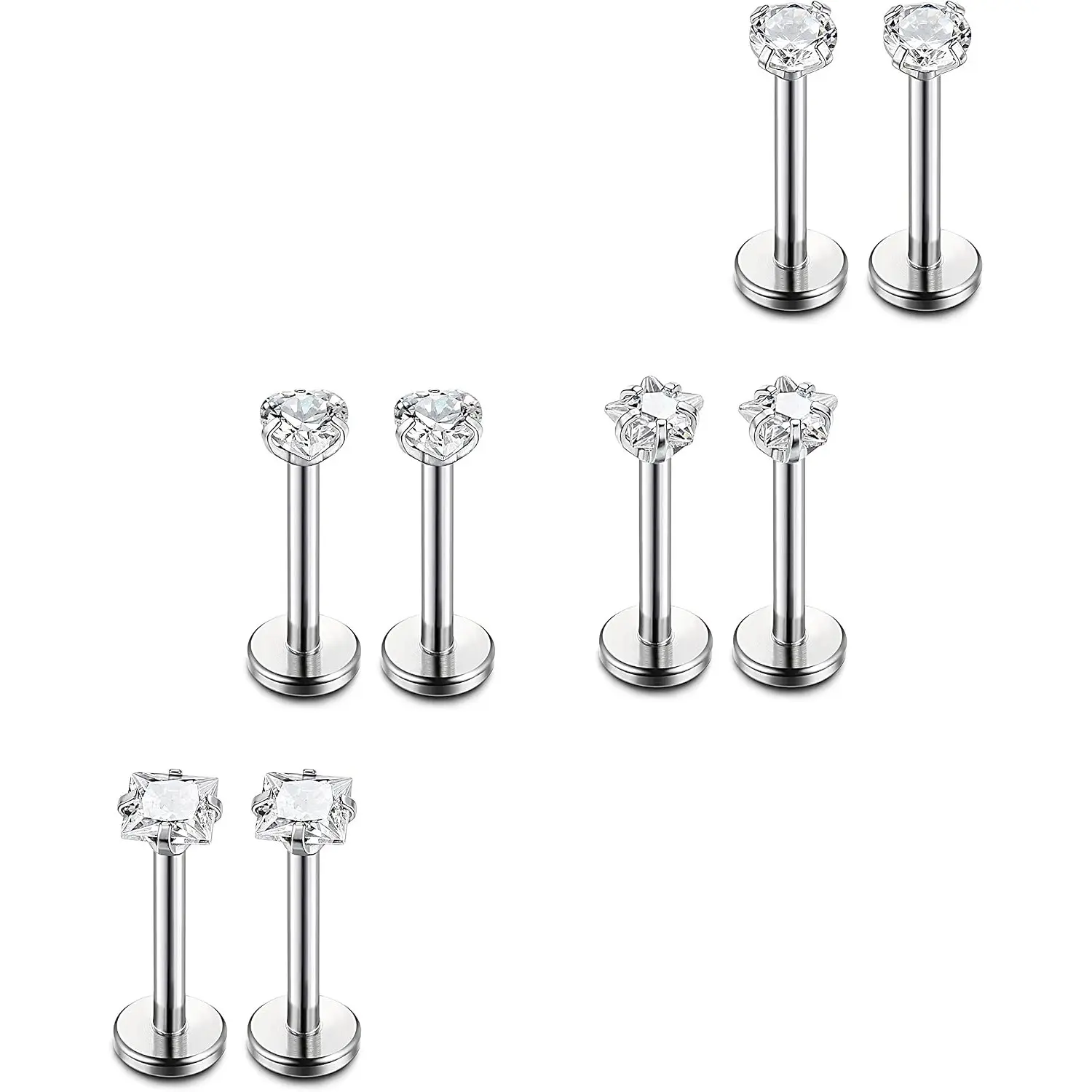 Hypoallergenic Jewelry 4-Pair 16G Stainless Steel CZ Accent Labret Studs - Body Piercing Jewelry for Lip, Nose, Tragus Cartilage, Casual Everyday Wear for Men, Women, Cz Accents