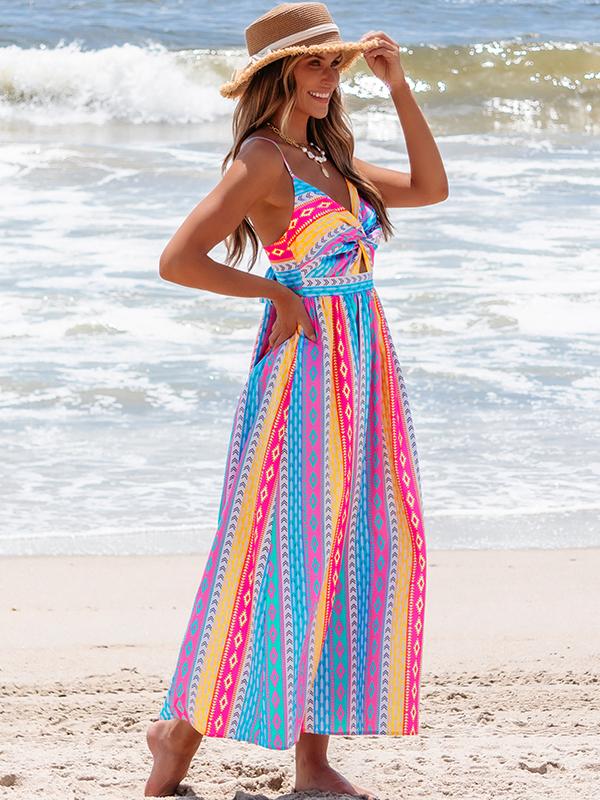 Popvil Tribal Printed Front Knot Cami Dress,Women's V Neck Sleeveless Seaside Vacation Maxi Dress for Summer,Causal Wear,dealsforyoudays