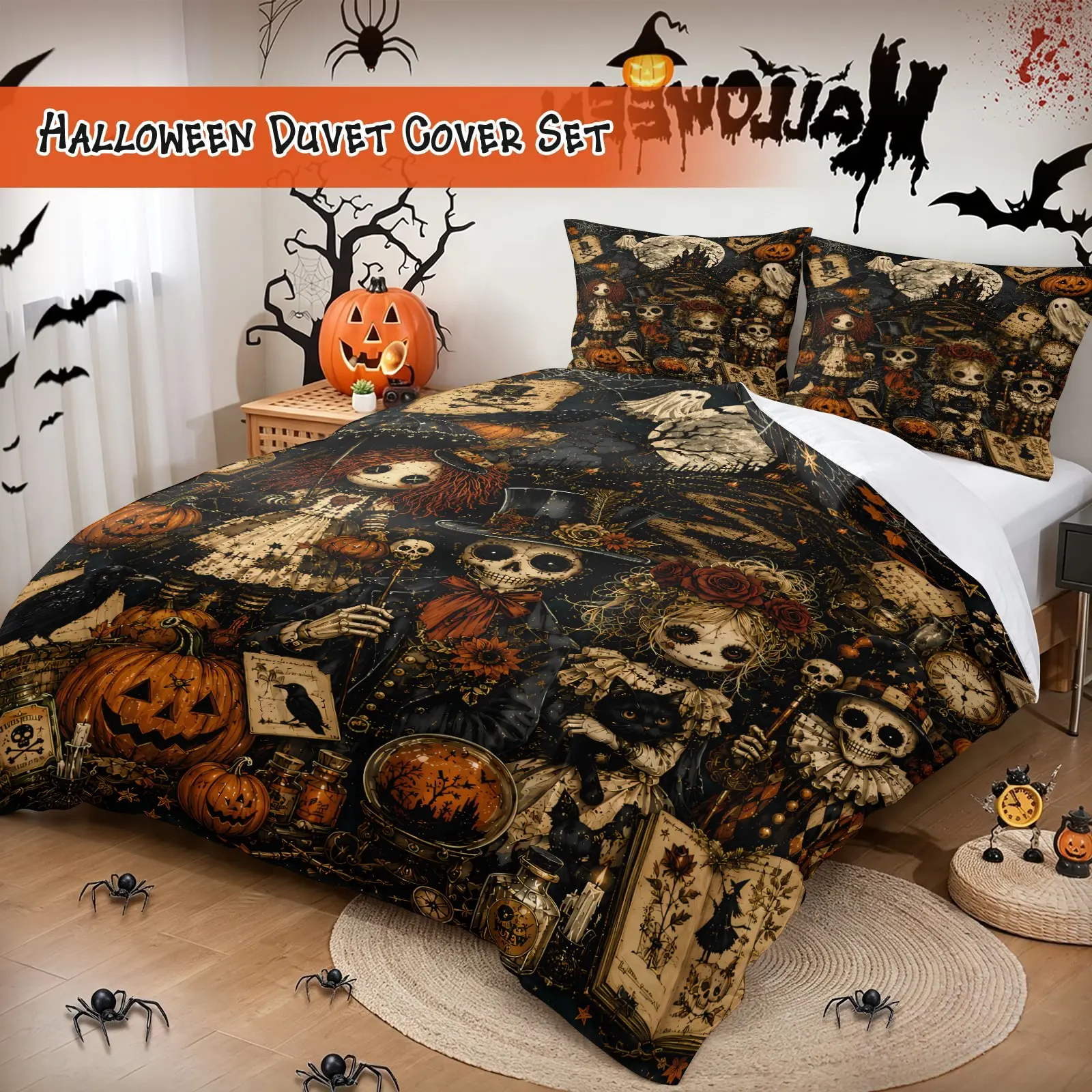 Dark Victorian Halloween Duvet Cover Set Includes 1 Duvet Cover and 1‑2 Pillowcases, Soft All‑Season Bedding Set, Creepy Doll Skeleton Magic Book Pumpkin Pattern, Spooky Fall Gothic Home Decoration