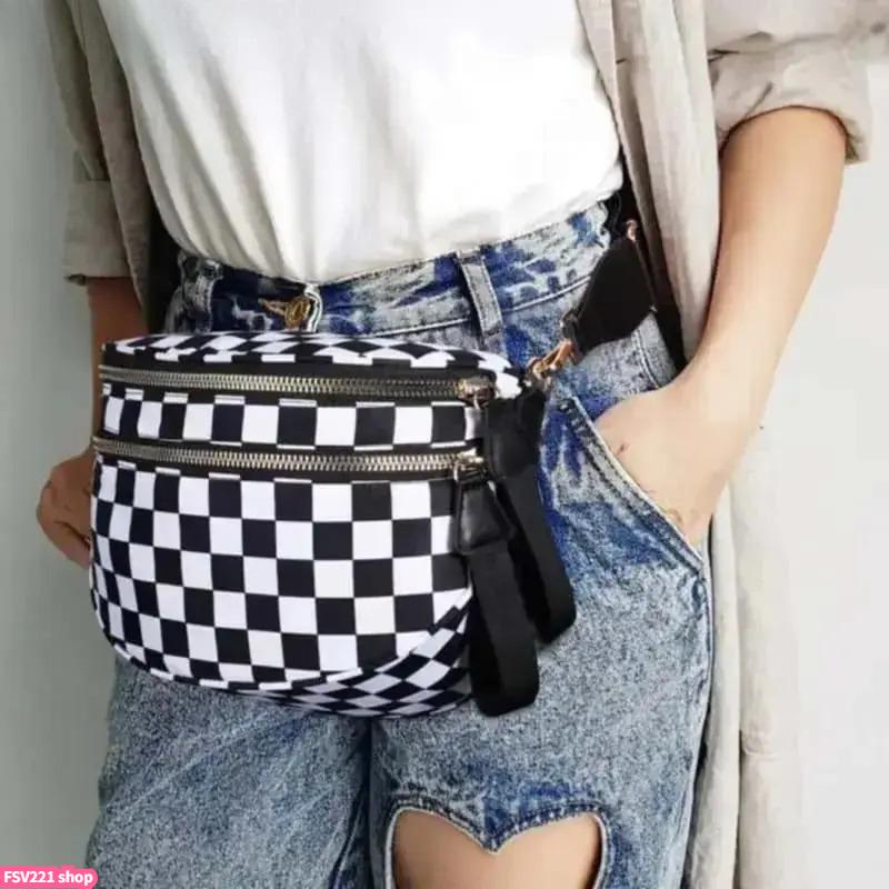 2026 Women Checkered Nylon Fanny Pack Y2K Trendy Crossbody Belt Bag Adjustable Strap Sling Purse Large Capacity Waist Pouch for Outdoor Festival