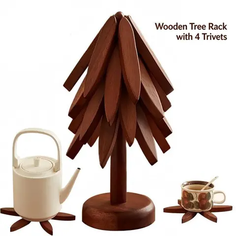 Tree-Shaped Wooden Heat Insulating Pad Set, 4 Walnut Pads + 1 Stand, Foldable Design, High-Temperature Kitchen Mat, Ideal for Hot Dishes, Pots, Bowls, Teapots, Tree Shape Trivets