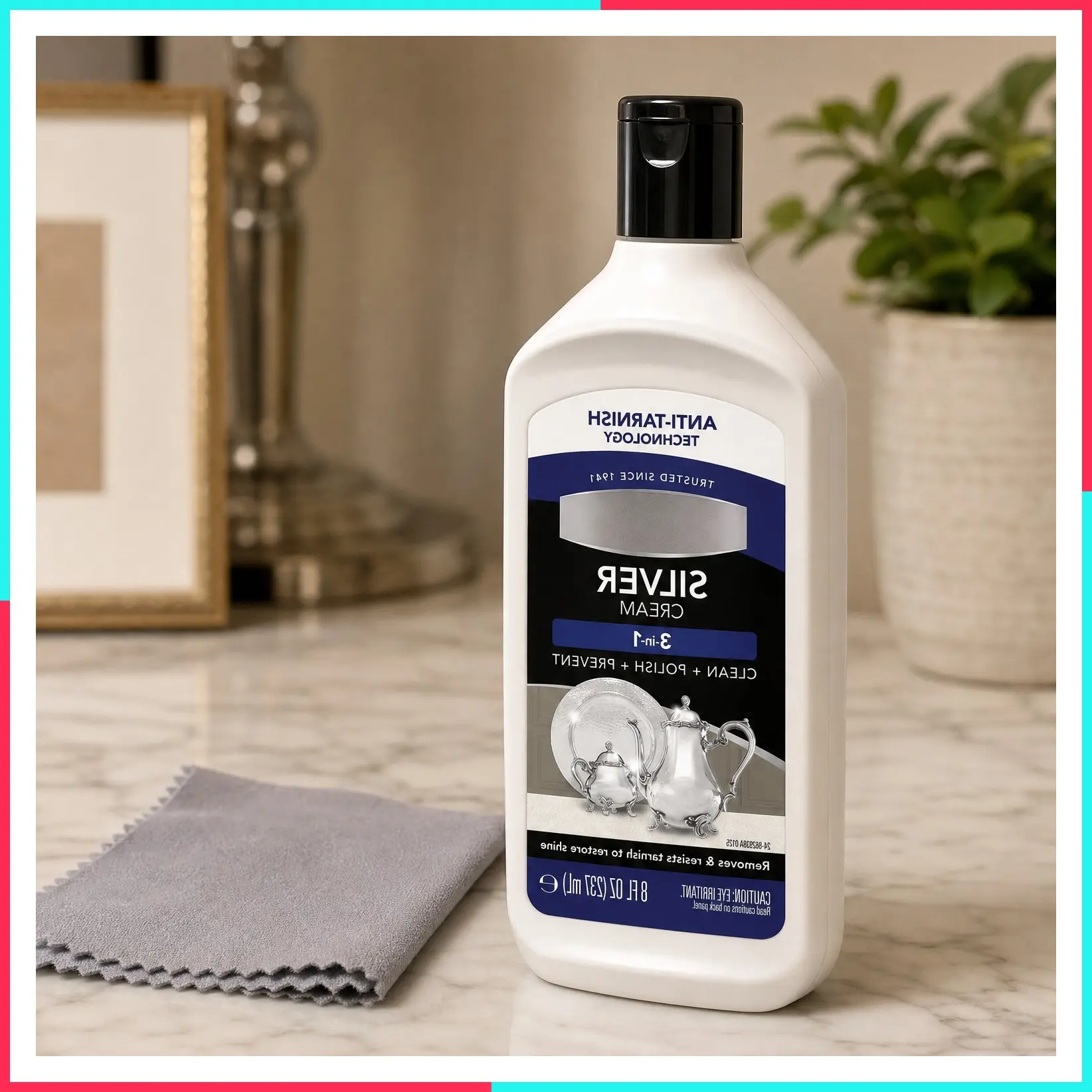 Silver Cream Cleaner 3-in-1 with Anti-Tarnish Technology, Safely Cleans, Polishes, Shines & Restores, Removes & Prevents Tarnish, 8 Oz with Jewelry Polishing Cloth