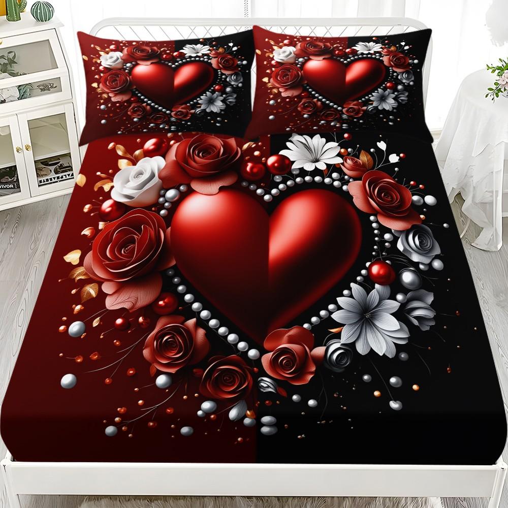Valentine's Day Pattern Bedding Set, Soft Comfortable Sheet Set, Mattress Protector, Bedroom Guest Room Dorm Decor, Diverse Living Scenarios, 1 Fitted Sheet + 2 Pillowcases