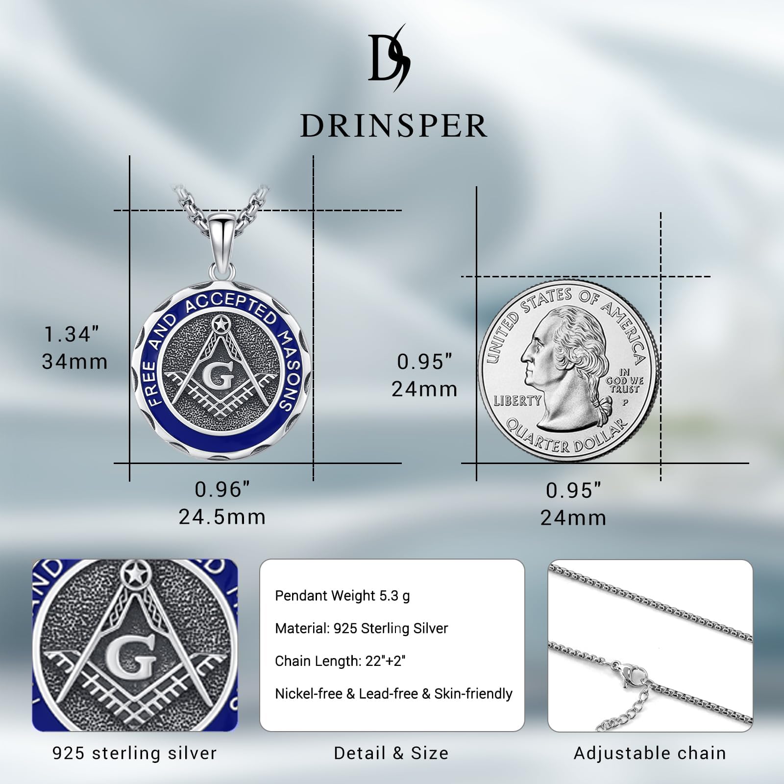 DRINSPER Masonic Freemason Necklace 925 Sterling Silver Freemasonry Jewlery for Brother for Men