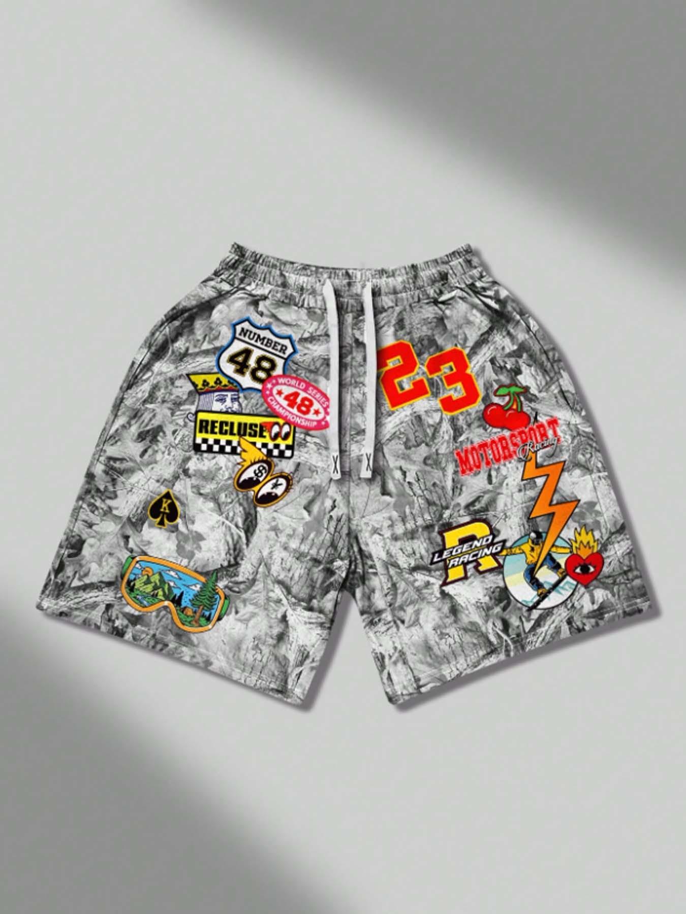 Vintage Racing Print Camouflage Shorts, Y2K Street Style Summer Drawstring Casual Pants, Casual Regular Fit Pocket Shorts for Summer, Men's Athletic Bottoms for Daily Wear