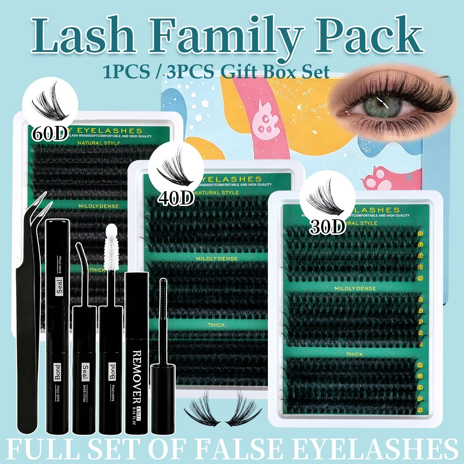 Segmented D Curl Cluster False Eyelashes, Mixed Length Individual False Eyelashes Kit, Easy DIY False Eyelashes,Lash Family Pack Gift Box, False Eyelashes Set