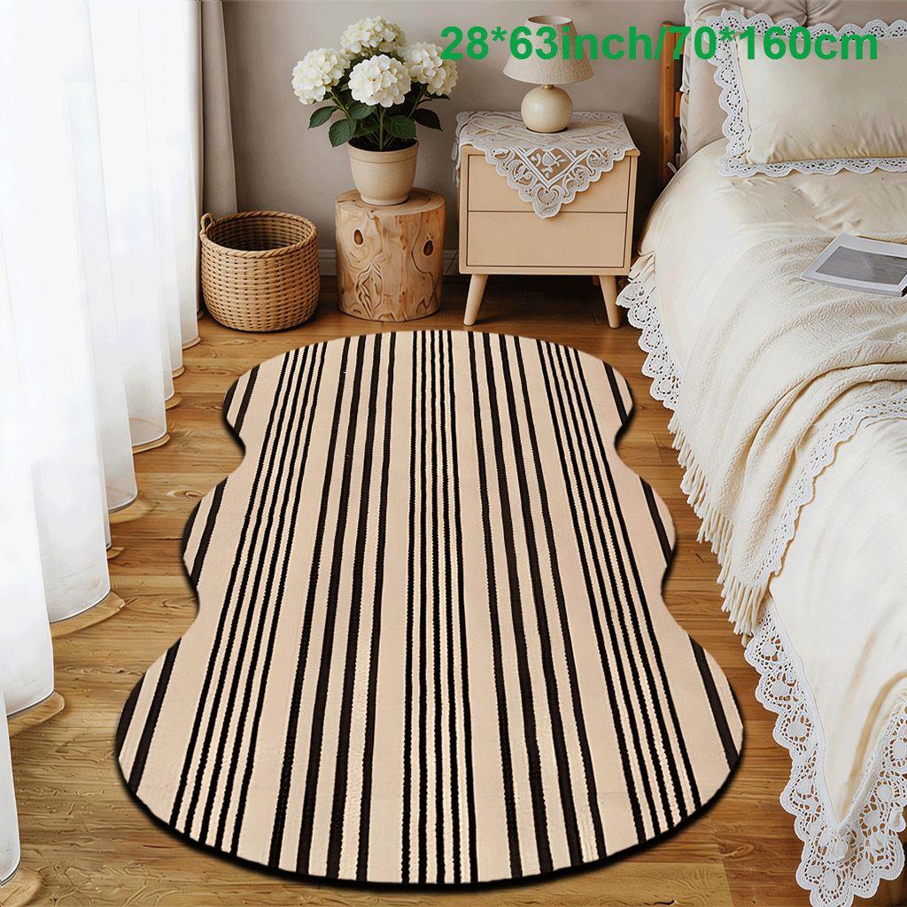 2D Flat velvet irregular shape carpet with beige and black vertical stripes pattern, machine washable and non-slip design, suitable for bedrooms/rooms, all seasons of spring, summer, autumn and winter, as well as Valentine's Day, Christmas and Thanksgivin