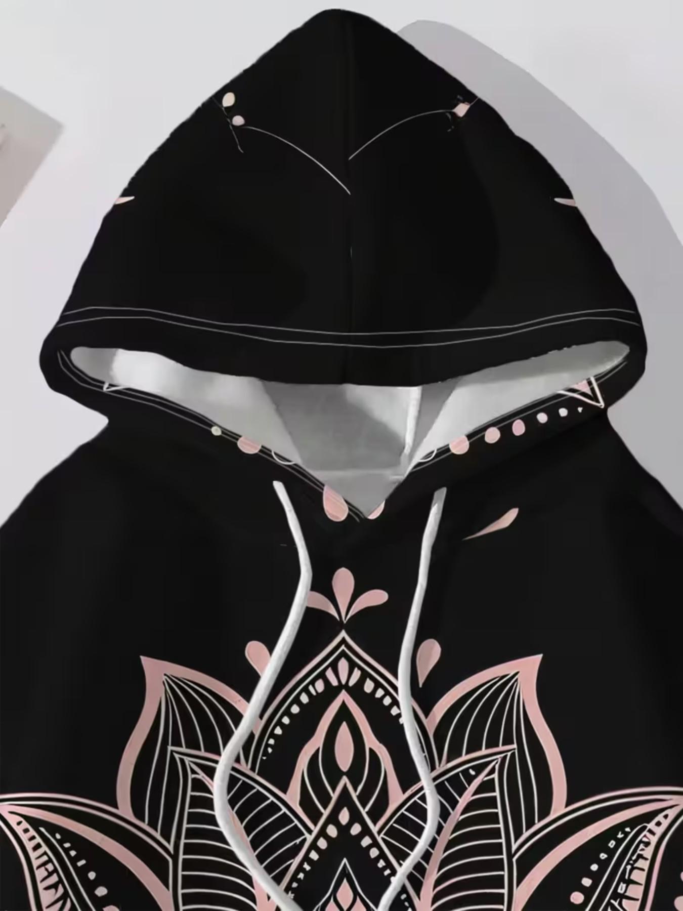 Women's Lotus Mandala Print Hoodie, Boho Bohemian Style Casual Long Sleeve Top, Loose-Fitting All Seasons Apparel
