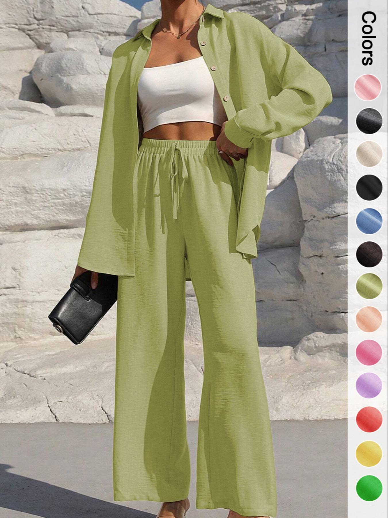 Women's Solid Button Front Shirt & Wide Leg Pants Set, Casual Two-piece Set, Women's Spring & Fall Clothes for Daily Wear, Casual Lounge Set