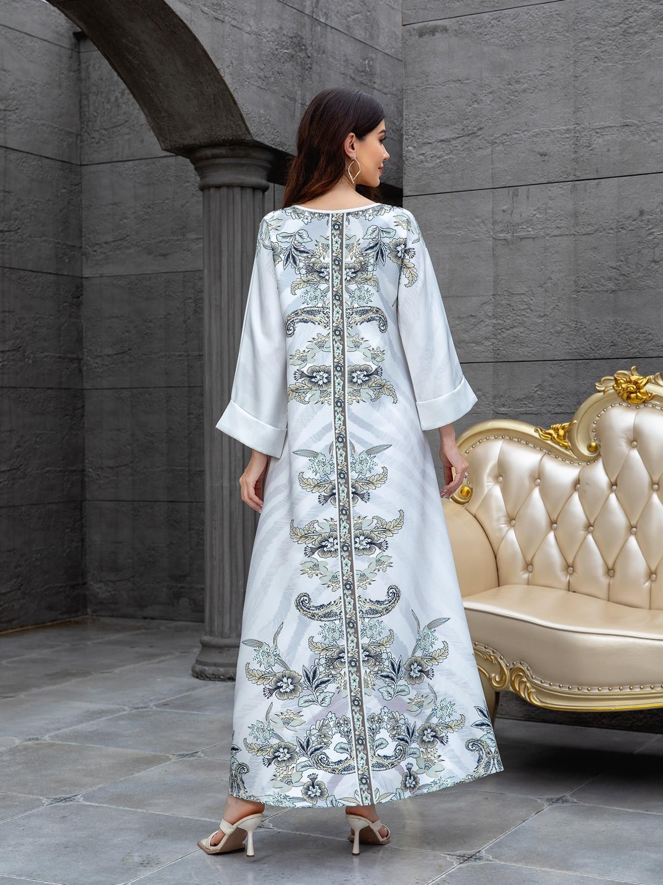 Elegant Muslim Women's Kaftan Dress, High-Density Rhinestone Embellished Print Long Robe, Cross-Border Fashionable Evening Gown