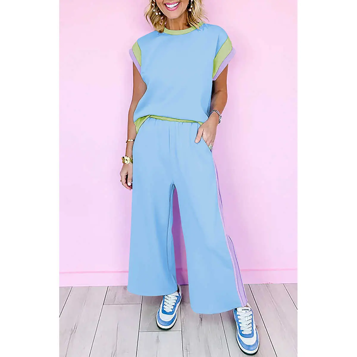 Sky Blue Color Block Detail Casual Two-piece Outfit