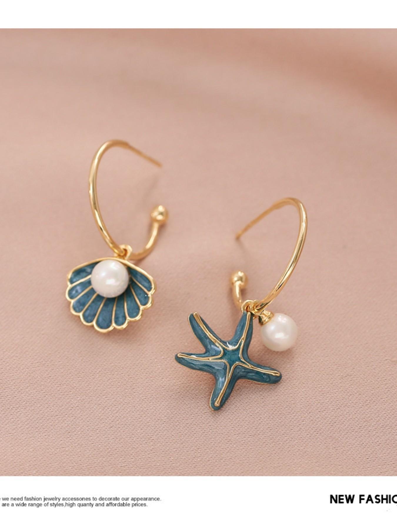 Asymmetrical Shell & Starfish Pearl Earrings for Women – Lightweight Ocean Style Drop Earrings Pearl Embellished High Quality Earrings
