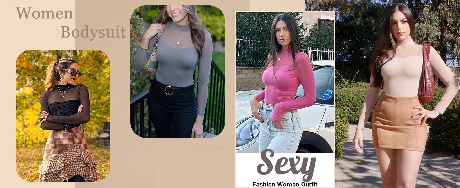 Women's Double Lined Slimming Bodysuit - Mock Neck, Sheer Mesh Long Sleeve Top for a Flattering Look Women's Double Lined Slimming Bodysuit - Mock Neck, Sheer Mesh Long Sleeve Top for a Flattering Look