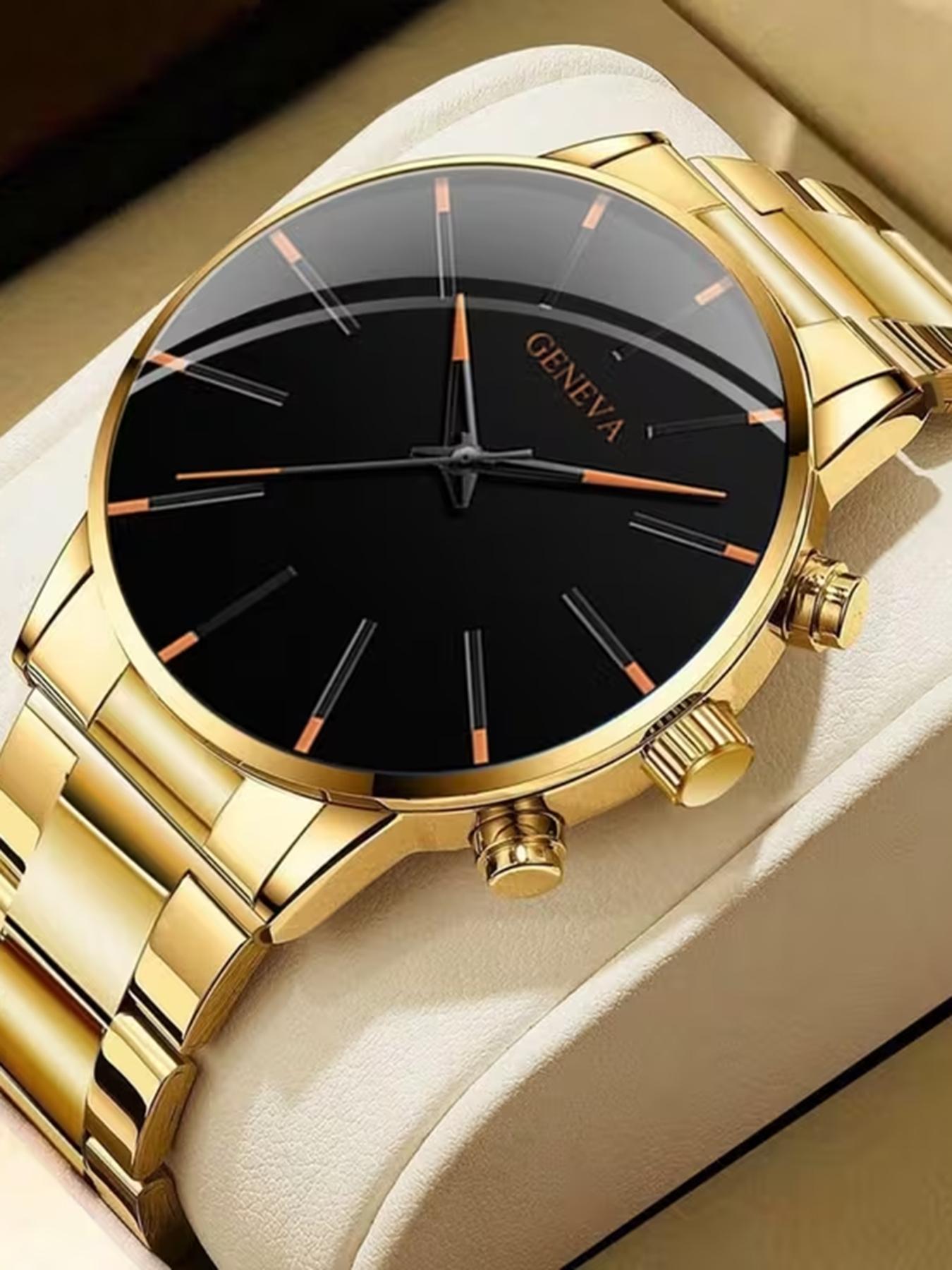 3-Piece Men's Watch and Necklace Bracelet Set - Gold Luxury Quartz Watch with Matching Chain, Casual Simulation Watch,/Father's Day Gift, Affordable Watch Set