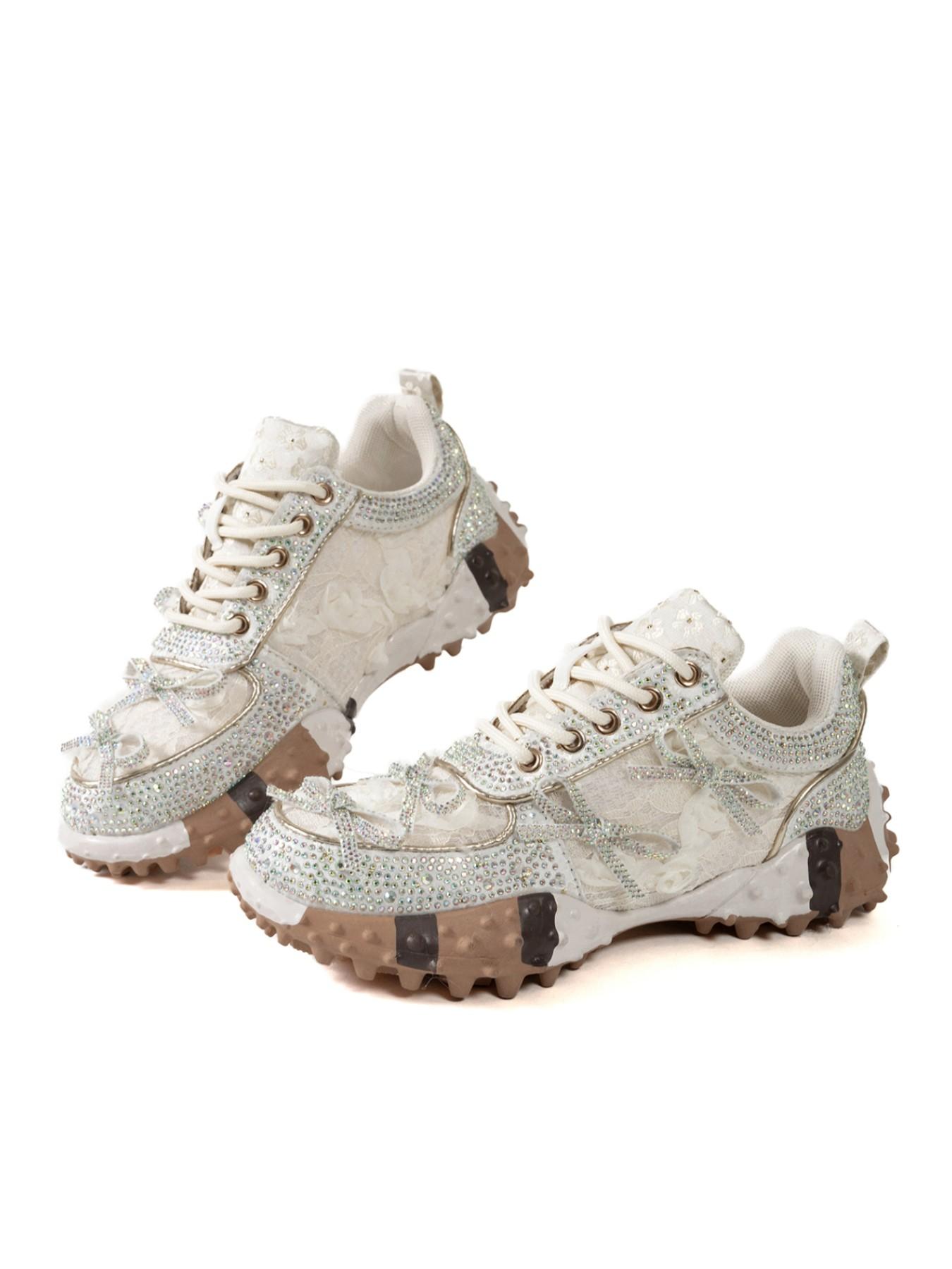 Sweet Cool Girl Style Rhinestone Lace Rose Bow Dad Shoes, Thick Rubber Sole Height Boost Slimming Anti-Slip Casual Streetwear Sports Shoes