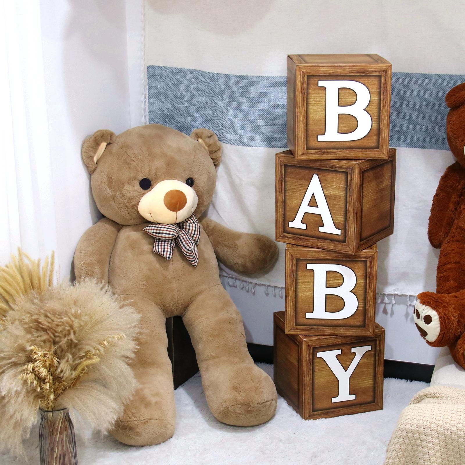Wood Grain Printing Baby Shower Display Boxes Decoration, Neutral Gender Reveal Backdrop Brown Baby Stacking Blocks Backdrop for Kids Birthday Party
