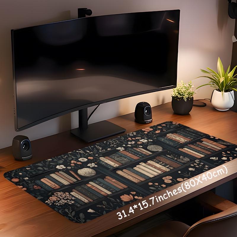 Floral Bookshelf Pattern Mouse Pad, Rectangle Gaming Mouse Pad, Non-slip Rubber Pad, Desktop Decoration Protective Pad for Home Office, Office Desk Accessories