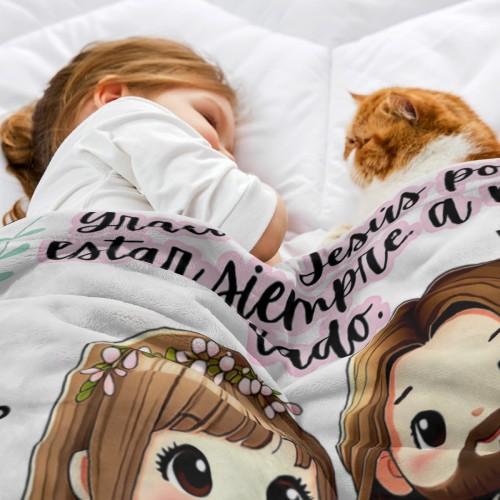 White Base Pink Floral Chibi Jesus Little Girl Spanish Bible Verse Flannel Throw Blanket Christian Spanish Thank You Jesus Religious Comfort Blanket Hispanic Catholic Faith Spiritual Gift 30*40in 40*50in 50*60in 60*80in US Local Shipping cooling blankets