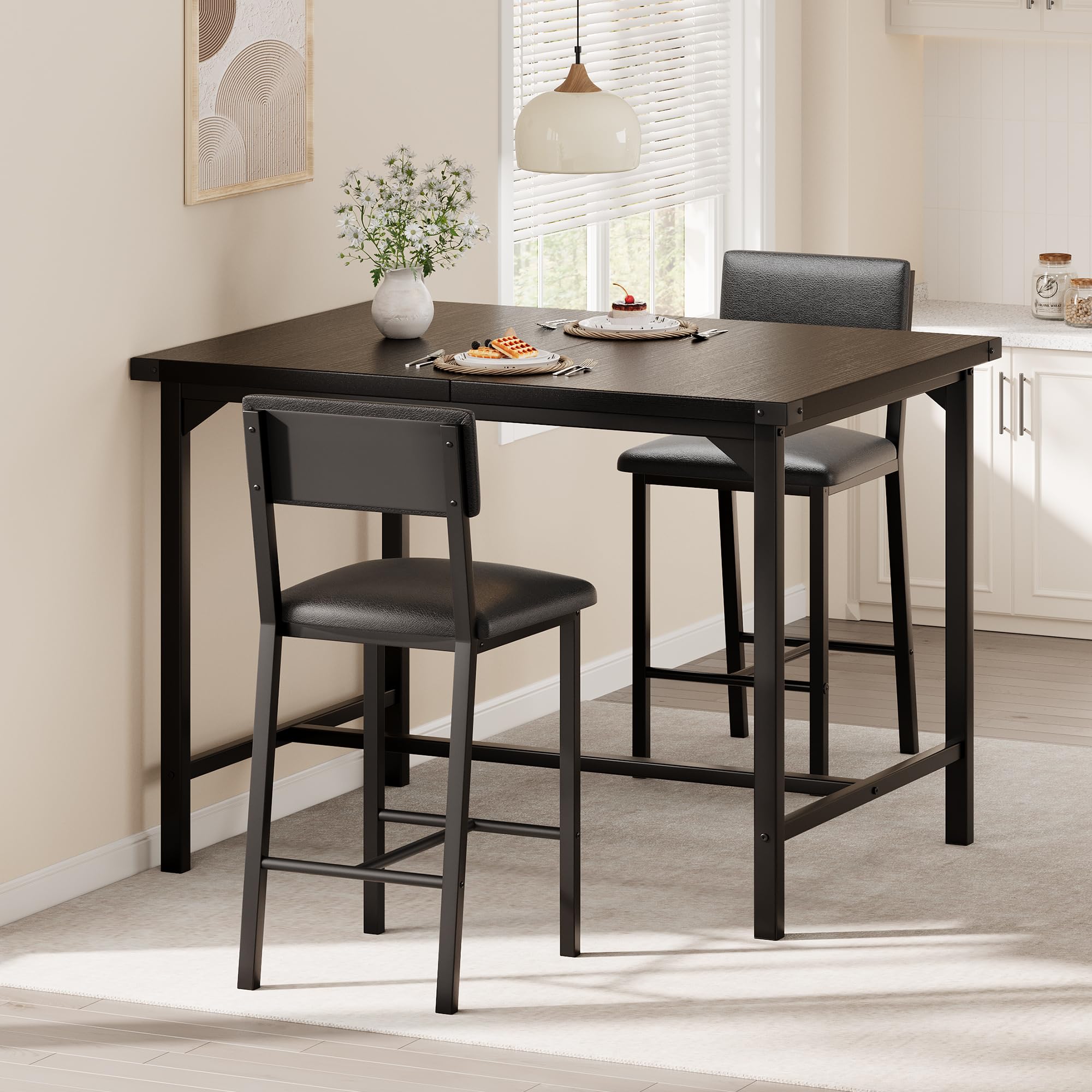 Dining Table Set for 2 w/Counter Height Table & 2 Upholstered Bar Stools, 3-Piece Kitchen Table Set with Footrest & Corner Protector, for Kitchen Room, Apartment