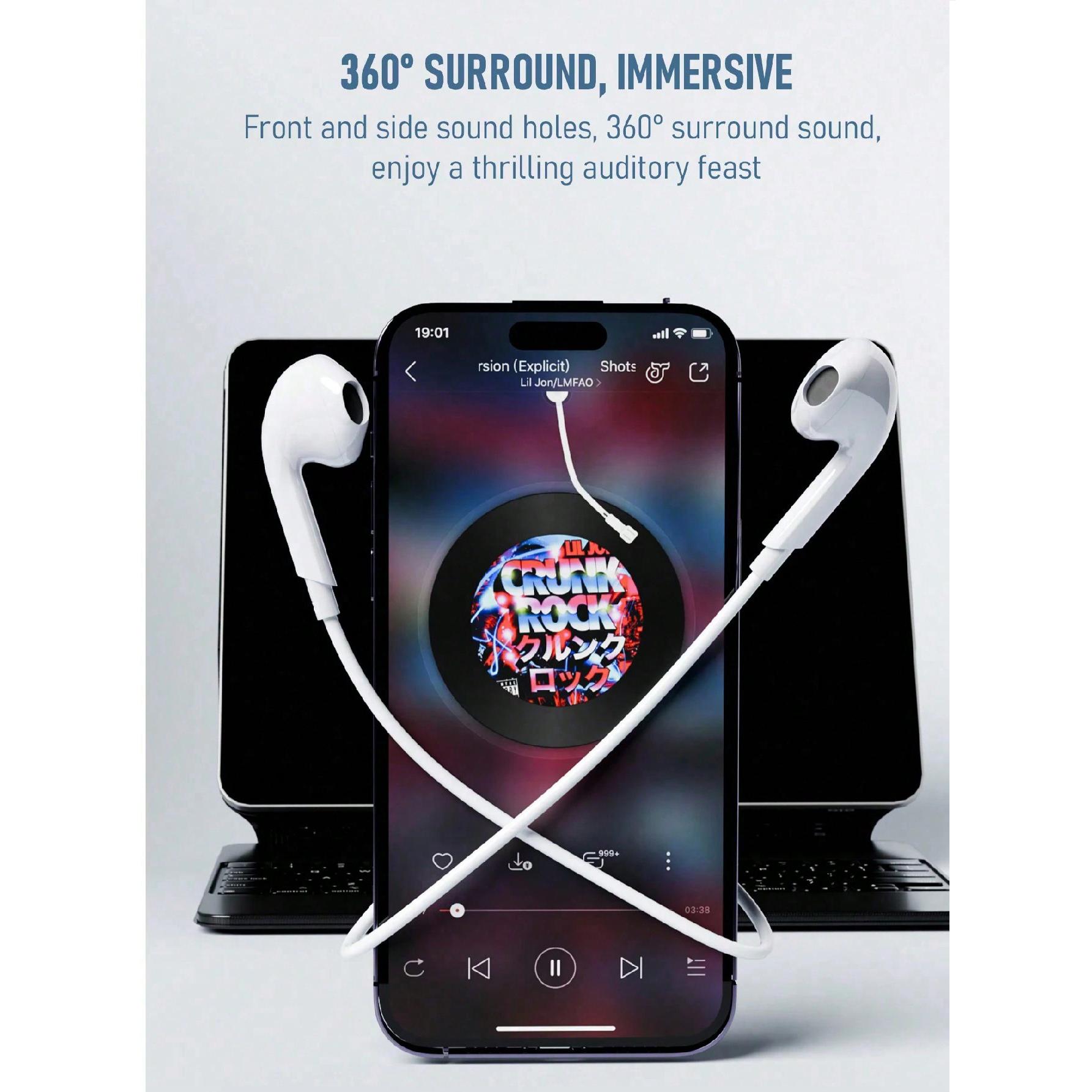 Wired In-Ear Headphones with Apple Lightning, Android Type-C, and 3.5mm Jack, Compatible with Mobile Devices, Low Power Consumption