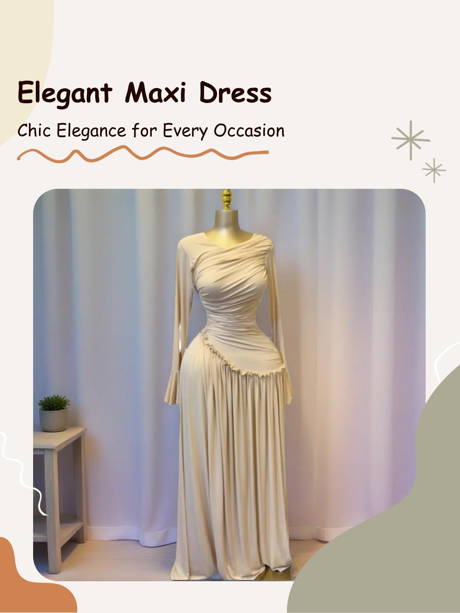 PULKRITU Elegant Chic Feminine Women's Long Sleeve O-Neck Big Swing Maxi Dress Woven, Dress Up Gown, Fall & Winter Wear, Sweet Holiday Birthday Party Evening Formal Sexy Dress, Casual Style, Elegance