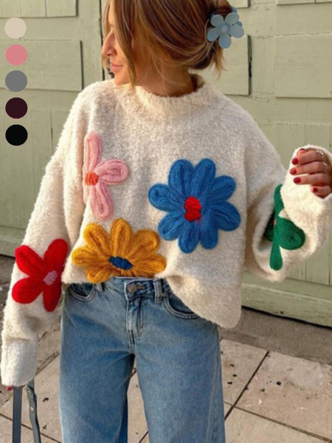 Plus Size Colorblock Floral Embroidered Drop Shoulder Sweater Pullover Knitwear, Casual Long Sleeve Mock Neck Jumper for Fall & Winter, Women's Plus Clothing for Daily Wear