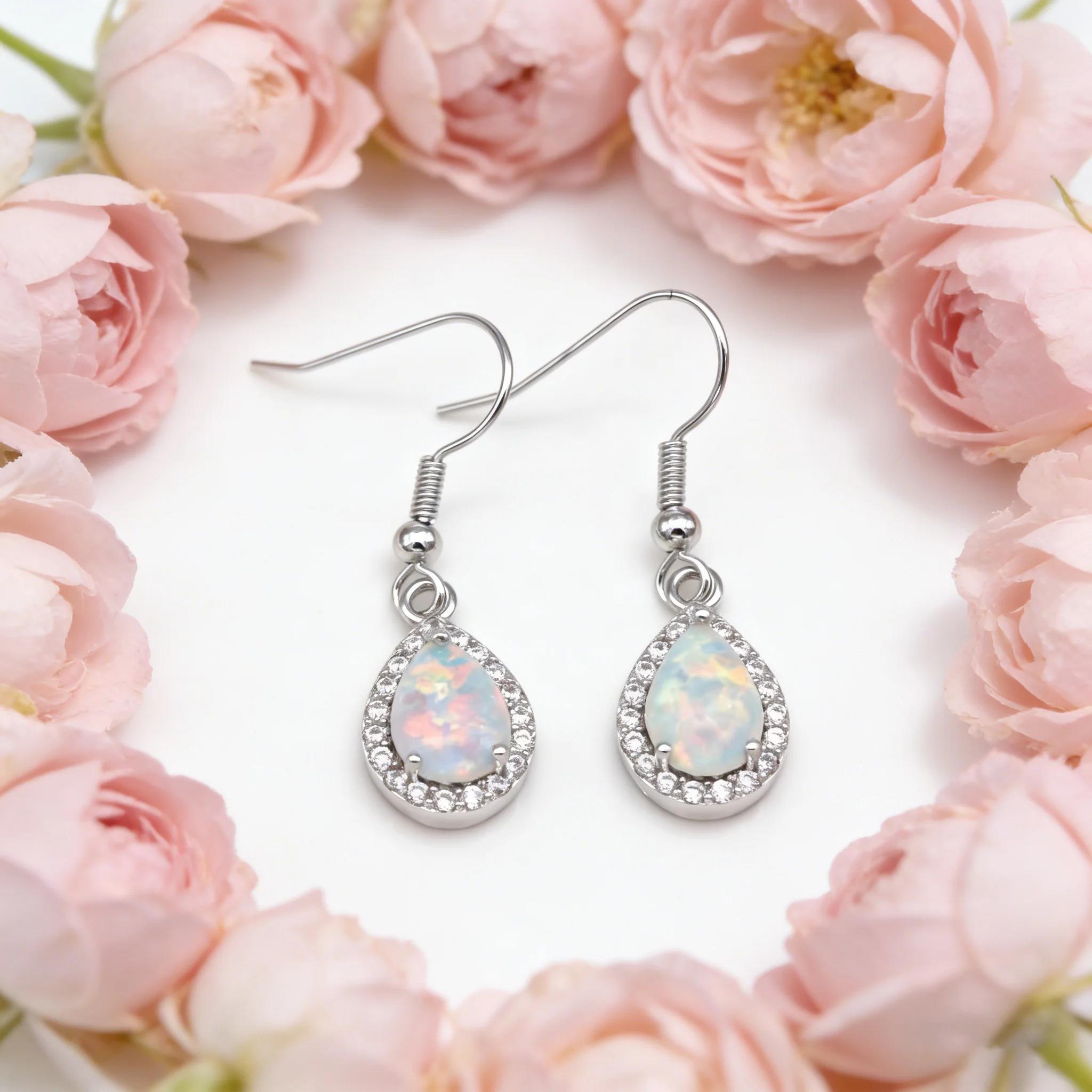 Classic Drop-Shaped Drop Earrings Ladies Fashion Jewelry,Elegant VintageWhite Opal Earrings, Perfect Anniversary Gift for Her