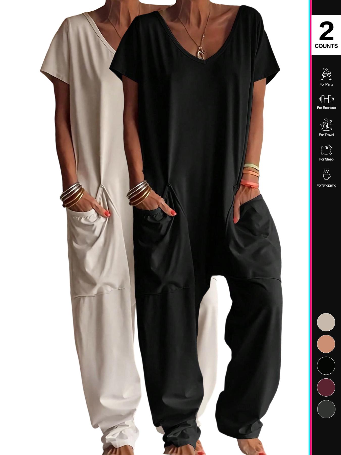 2026 Women's Casual Jumpsuit, Short-Sleeve V-Neck Harem Pants, Loose Fit Wide Leg, Perfect for All Seasons, Stylish & Comfortable