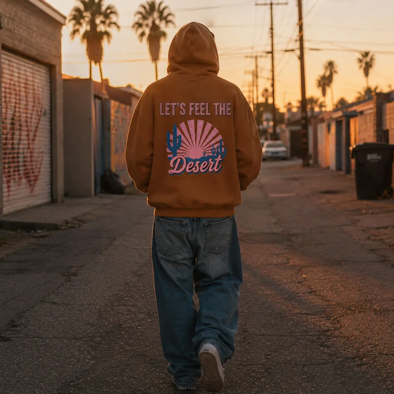 Men’s Hooded Desert Theme Graphic Fleece Pullover, Vintage Western Oversized Long Sleeve Shirt