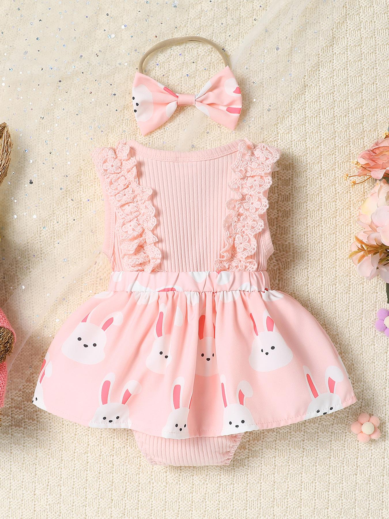 Baby Girls 2-Piece Clothes Rabbit Easter Cute Romper and Headband Pink Color Toddler Outfit for Spring #springtok