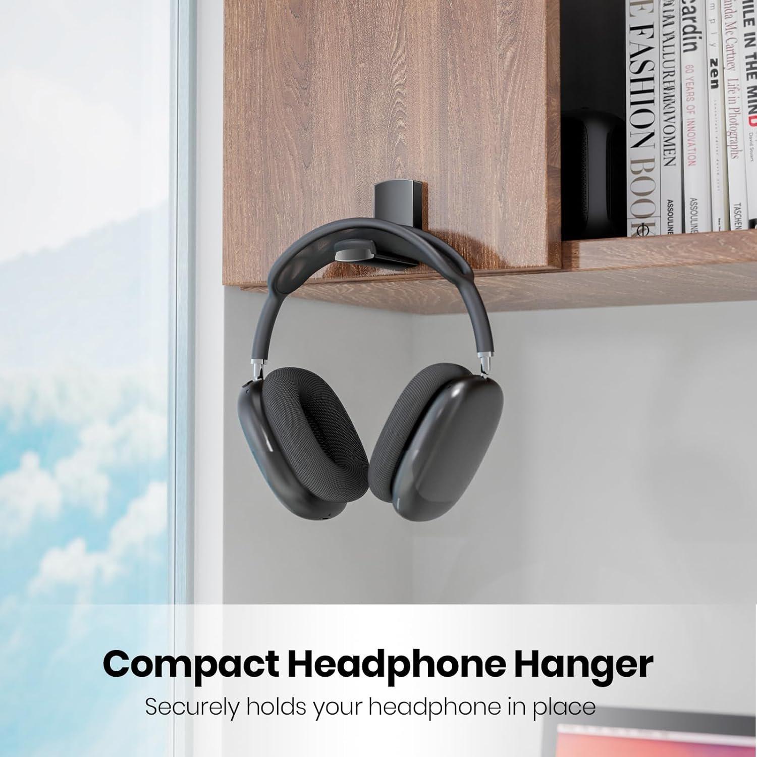 Black Durable Foldable Sticky Headphone Stand-Holder, Upgraded Adhesive Mount Desk Gaming Accessory with Rubber Pads for Headset & Controller Protection, Plastic Christmas Stocking Stuffer for Happy Birthday Gifts