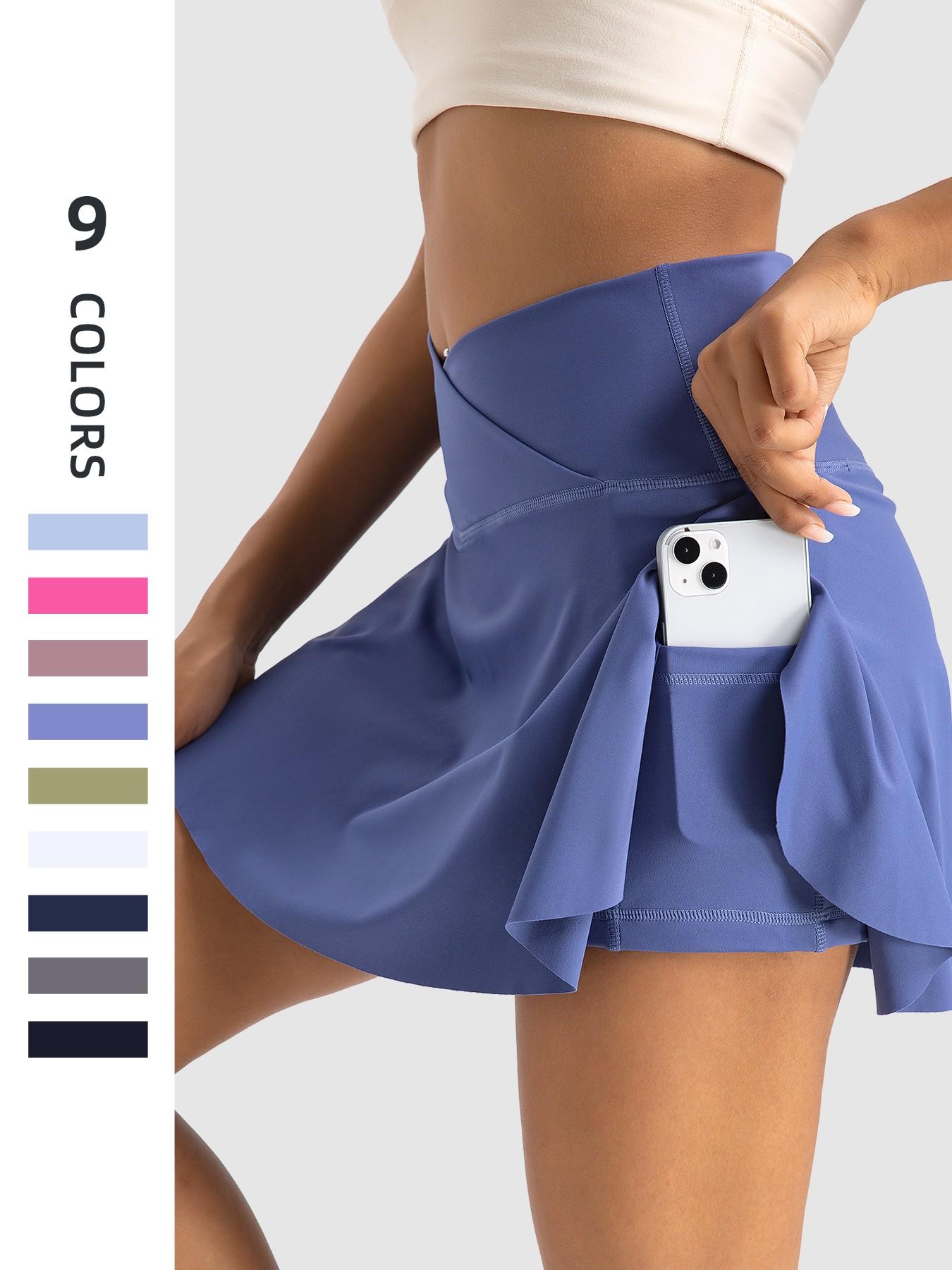 Women's High-Waisted Cross-Belt Sports Skirt, Waist Cinching with Pockets, Anti-Exposure Tennis Skirt, Breathable Yoga Shorts Skirt