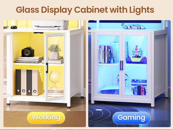 SEDETA 109 Inch L Shaped Gaming Desk with 4 Drawers Display Cabinet Computer Desks with 2 Monitor Stands CPU Stand LED Lights and Power Outlet