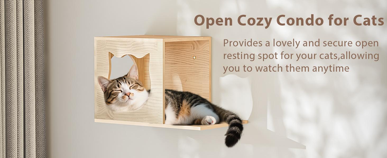 PUKAMI Cat Wall Shelves, Wooden Feline Furniture, 9 Pcs Set Wall Mounted Cat Shelves with Bed, House, Steps, Bridge Ladder and Scratching Post for Indoor Climbing, Sleeping, Playing