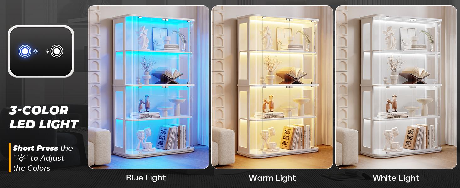 MIIFUNY Large Rounded Display Cabinet with Glass Door, 4-Tier Curio Cabinet with 3 Color Lights for Collectibles, Figures, Glass Display Case with Transparent Full-Display Surface, Human Body Sensor, White MIIFUNY Large Rounded Display Cabinet with Glass Door, 4-Tier Curio Cabinet with 3 Color Lights for Collectibles, Figures, Glass Display Case with Transparent Full-Display Surface, Human Body Sensor, White