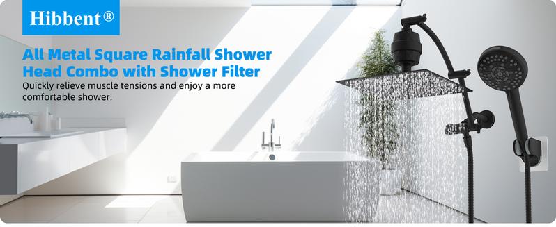 Hibbent All Metal 10'' Dual Filtered Rainfall Shower Head Combo, High Pressure Handheld Shower Head with 16'' Adjustable Extension Arm, 20 Stage Shower Filter, 10-spray, 71'' Hose