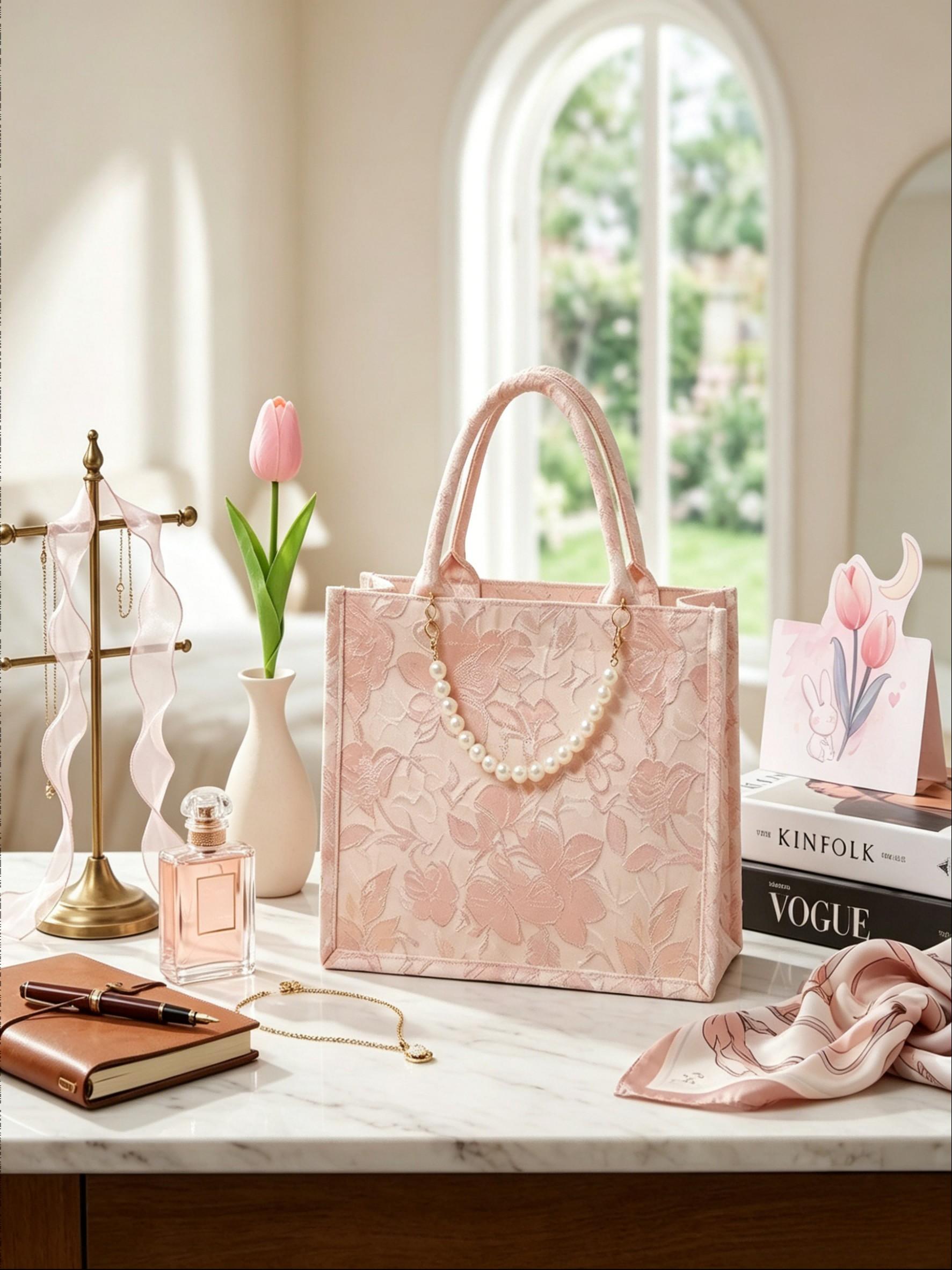 1 Set Exquisite Embroidered Gift Handbag Set with Ribbon, Tulip & Card | Vintage Floral Design Party Souvenir | Professional Gift Packaging for Festivals & Celebrations