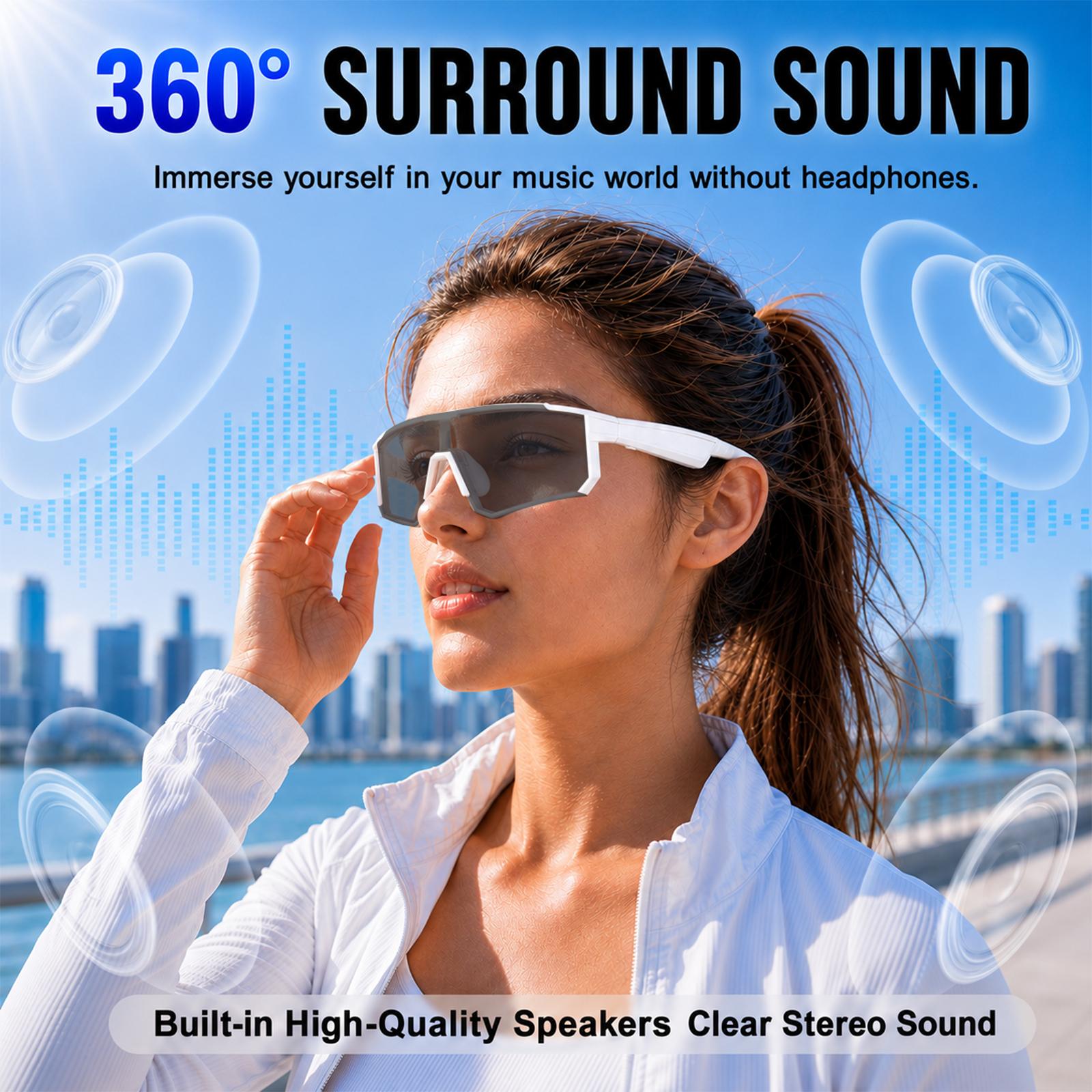 Photochromic Bluetooth Smart Glasses for Men Women, Open-Ear Audio Cycling Sunglasses with Hands-Free Calls, Voice Assistant and UV400 Protection for Running, Fishing, Hiking