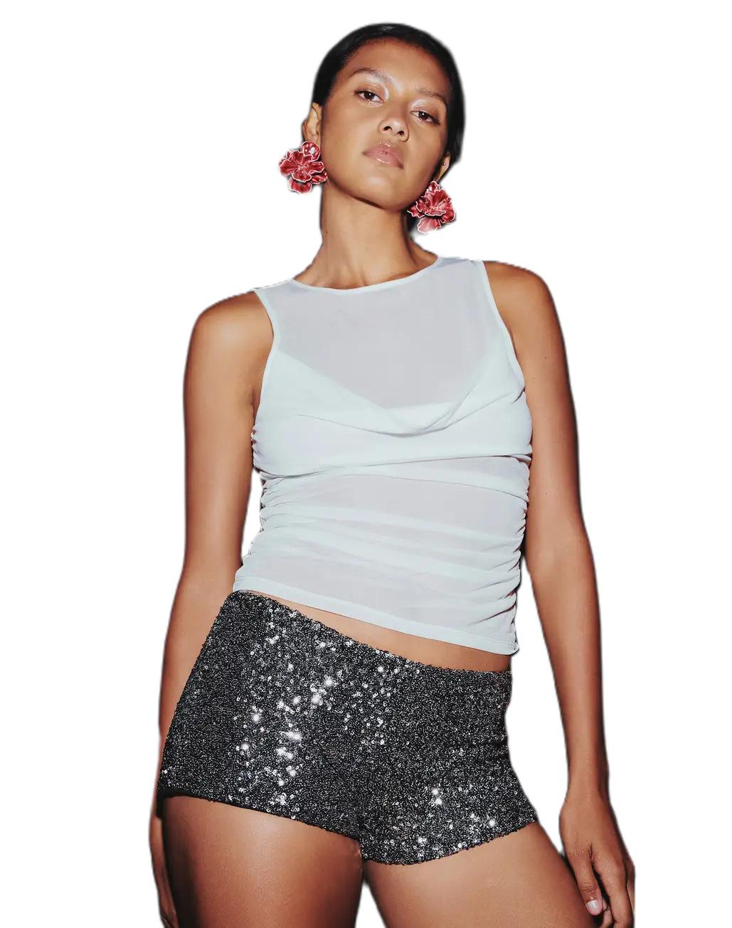 GGFL Y2K Style Black Sheer Mesh Top, Cowl Neck Sleeveless Ruched Crop Top for Party, Club.Women's Black Sheer Mesh Cowl Neck Tank Top, Sleeveless Ruched Slim Fit Crop Top for Party, Night Out