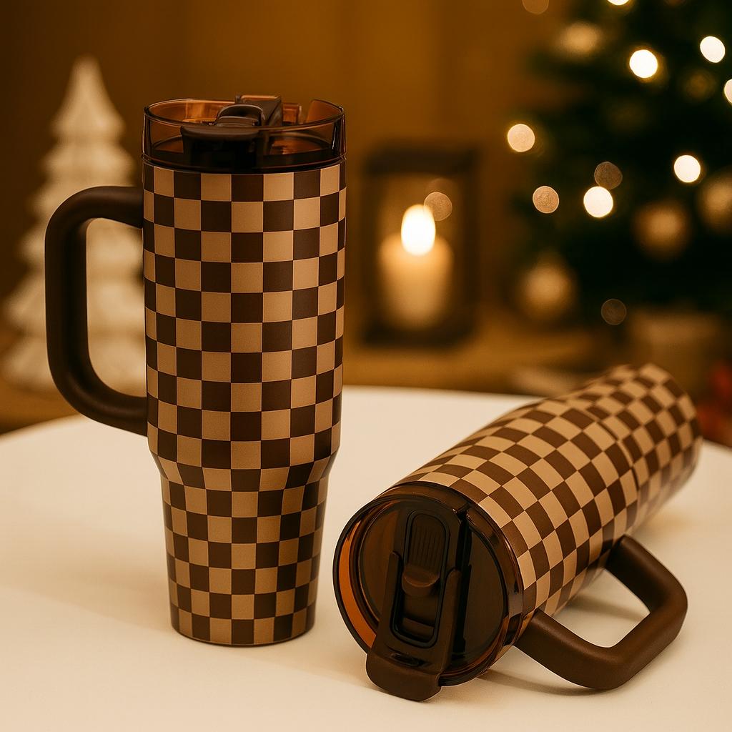 40oz Insulated Mug, Insulated Travel Drinkware, Brown Plaid Design, Leakproof Tumbler, Large Capacity Double Wall Leakproof Mug with Handle, Keeps Hot 12 Hours Cold 24 Hours, Hot Cold Drinks, Valentine's Day Mother's Day Gift #GLOBAL PICKS