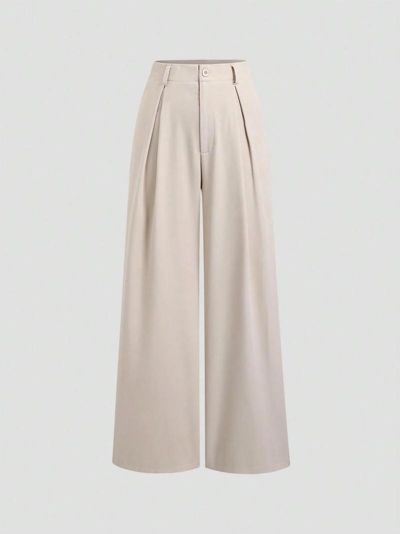 Women's Vintage Elegant Pleated Wide Leg Pants, Casual Chic Bottoms, Comfortable Fabric, All-Season Ideal Choice, Fashionable Design, High Waist