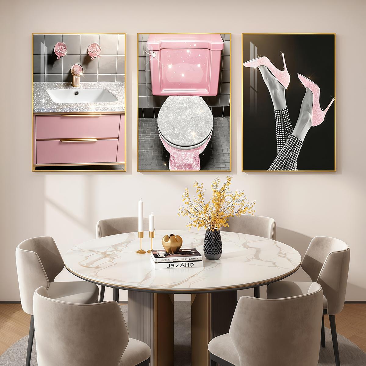 3 Counts Aluminum Alloy Framed Painting, Pink Glam Bathroom And High Heels Art Pictures, Home Decoration For Living Room, Bedroom, Office, Restaurant, Hallway Wall Decor, Odorless Print Artwork, Luxury Perfect Gift For Friends And Family