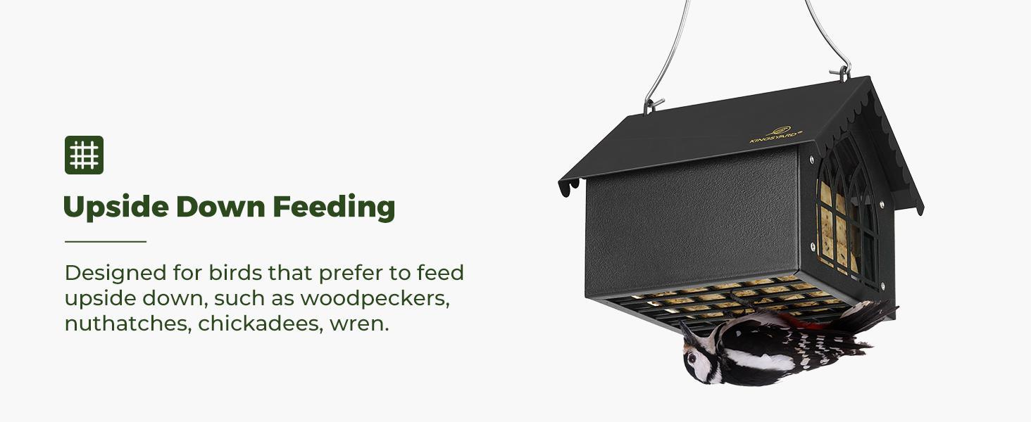 Double Upside Down All Metal Suet Feeder with Weatherproof Roof, for Outdoors Hanging, Great for Downy Woodpecker, Nuthatch, Chickadee, Black