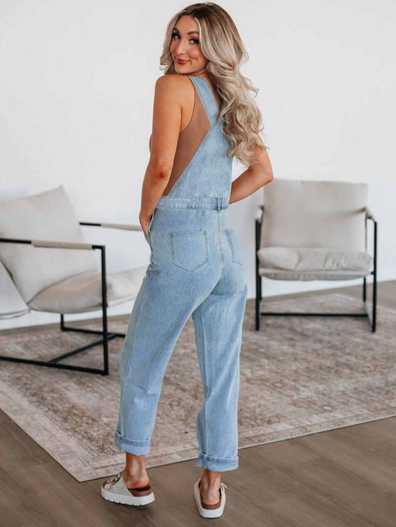 Women's Loose Fit Denim Overalls Jumpsuit, Casual Plain Design, All-Season Wearable, Perfect for Daily & Dates, Comfortable Washed Look