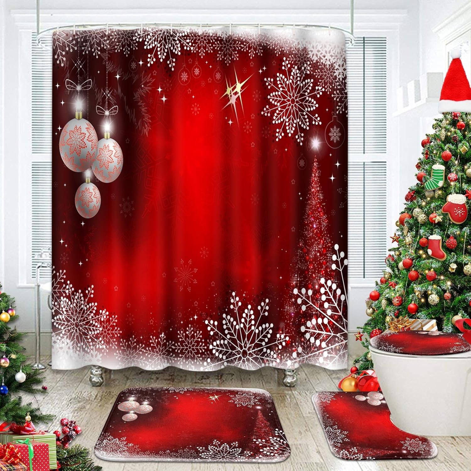 4 Pcs Shower Curtain Set Merry Christmas Happy New Year with Non-Slip Rugs Toilet Lid Cover and Bath Mat Bathroom Decor Set