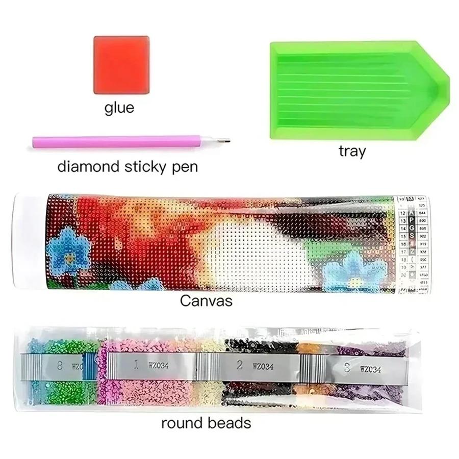 Rainbow Daisy with Ladybug Diamond Painting Kit, featuring a vibrant multicolored flower with glistening water droplets and a red ladybug, 5D round & square rhinestone DIY cross stitch home decor art