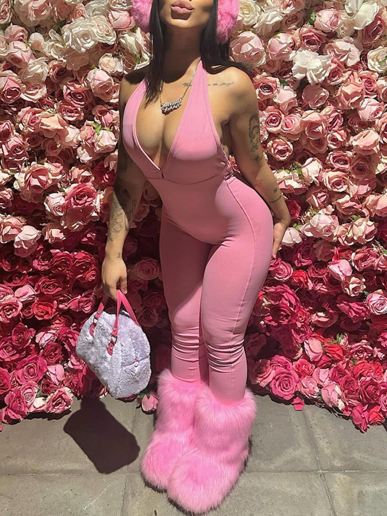 Women's Sexy Backless Halter Neck Party Romper, Sleeveless High Waist Butt Lifting Jumpsuit, Slim-Fitting Long Pants, All Seasons Fashion Overalls