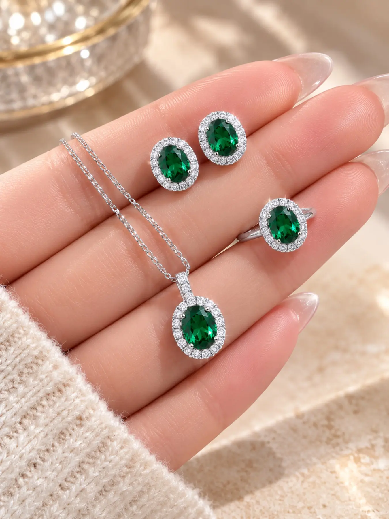 3PCS Emerald Green Crystal Jewelry Set for Women, Silver-Tone Oval Rhinestone Pendant Necklace, Stud Earrings & Matching Ring, Elegant Wedding Party Jewelry Gift